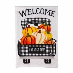 Buy ⌛ Lawn & Garden Decor Evergreen Pumpkin Plaid Truck Garden Burlap Flag 🎉