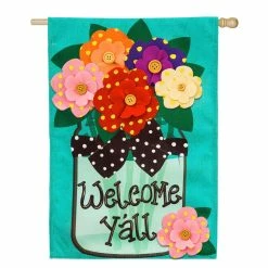 Cheap 🥰 Lawn & Garden Decor Evergreen Welcome Y’all Polka Dot Flowers Burlap Garden Flag 🤩