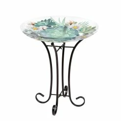 Outlet 🔔 Lawn & Garden Decor Evergreen Harvest Succulents Glass Bird Bath W/ Stand 🧨